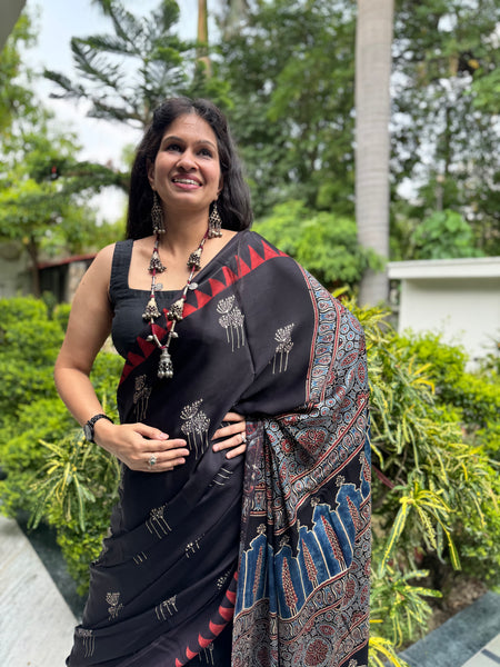 Ajrakh naturally dyed modal silk saree