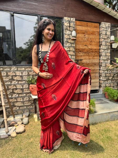Ajrakh naturally dyed modal silk saree
