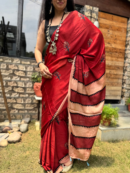 Ajrakh naturally dyed modal silk saree