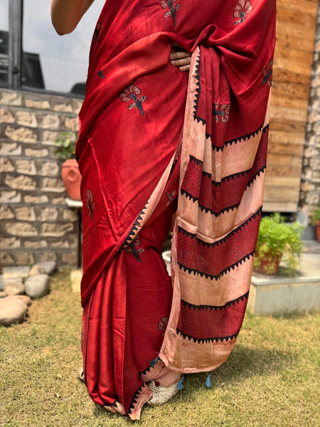 Ajrakh naturally dyed modal silk saree