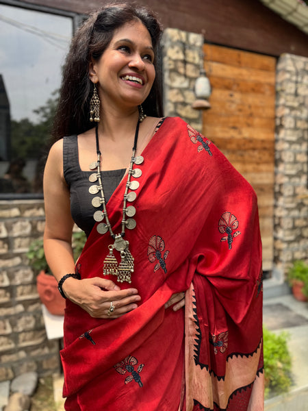 Ajrakh naturally dyed modal silk saree