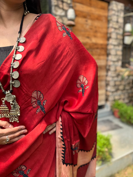 Ajrakh naturally dyed modal silk saree