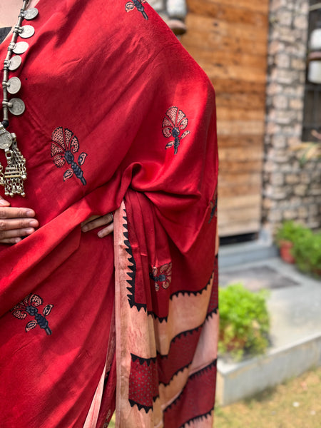 Ajrakh naturally dyed modal silk saree