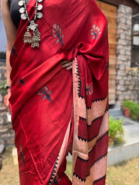 Ajrakh naturally dyed modal silk saree