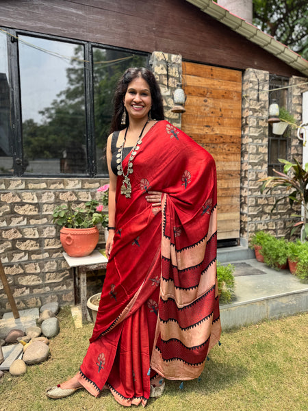 Ajrakh naturally dyed modal silk saree