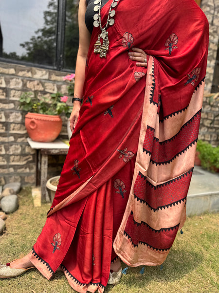 Ajrakh naturally dyed modal silk saree