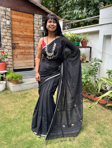 ताना-बाना- Cotton Handwoven Jamdani Saree with Elephant Buta - Pure Black