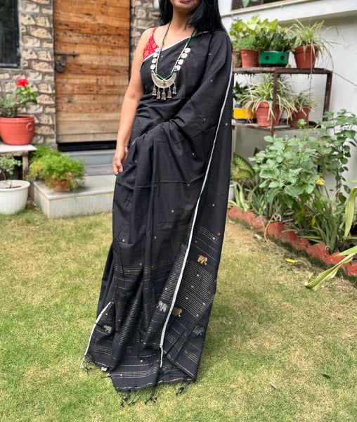 ताना-बाना- Cotton Handwoven Jamdani Saree with Elephant Buta - Pure Black