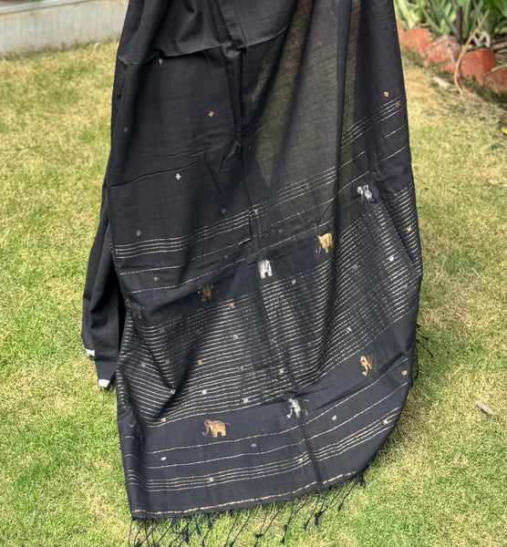 ताना-बाना- Cotton Handwoven Jamdani Saree with Elephant Buta - Pure Black