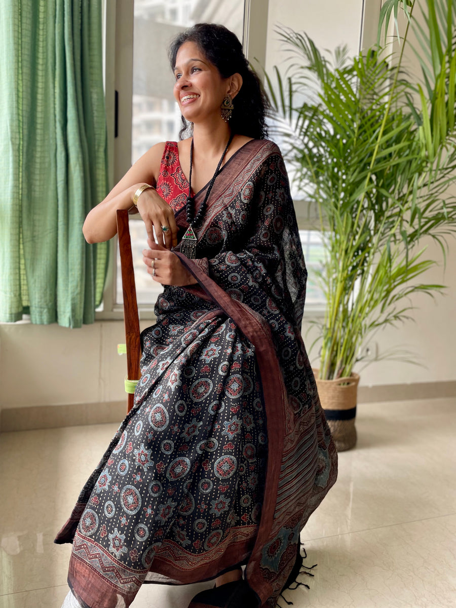 Ajrakh Block Printed Handwoven Linen Naturally Dyed Saree