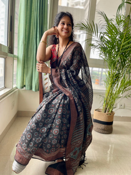 Ajrakh Block Printed Handwoven Linen Naturally Dyed Saree