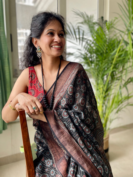 Ajrakh Block Printed Handwoven Linen Naturally Dyed Saree