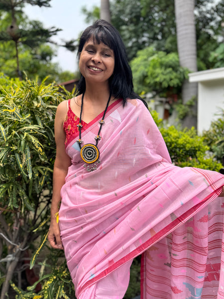 ताना-बाना- Cotton Handwoven Jamdani Saree - pink