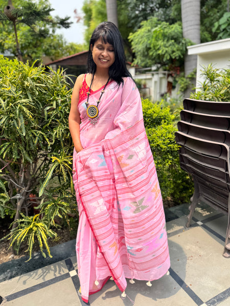 ताना-बाना- Cotton Handwoven Jamdani Saree - pink