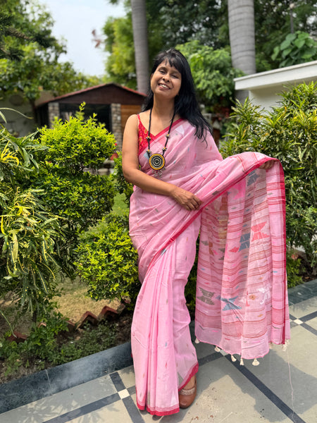 ताना-बाना- Cotton Handwoven Jamdani Saree - pink