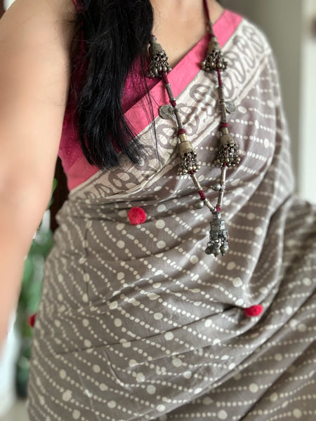 Dabu Mul cotton hand block printed saree with patchwork