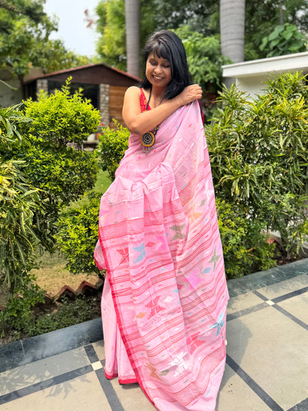 ताना-बाना- Cotton Handwoven Jamdani Saree - pink
