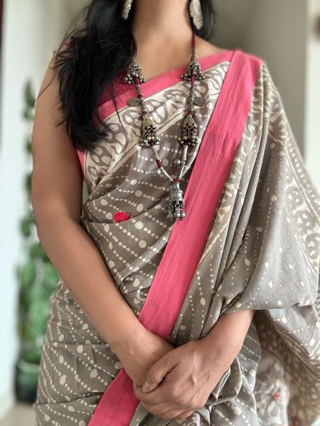 Dabu Mul cotton hand block printed saree with patchwork