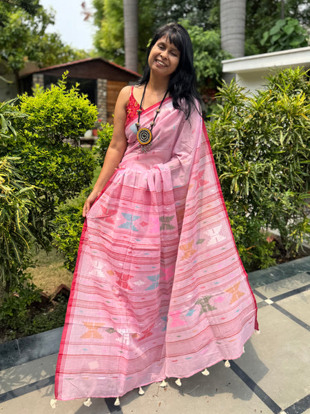 ताना-बाना- Cotton Handwoven Jamdani Saree - pink
