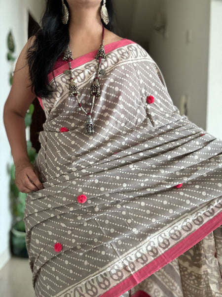 Dabu Mul cotton hand block printed saree with patchwork