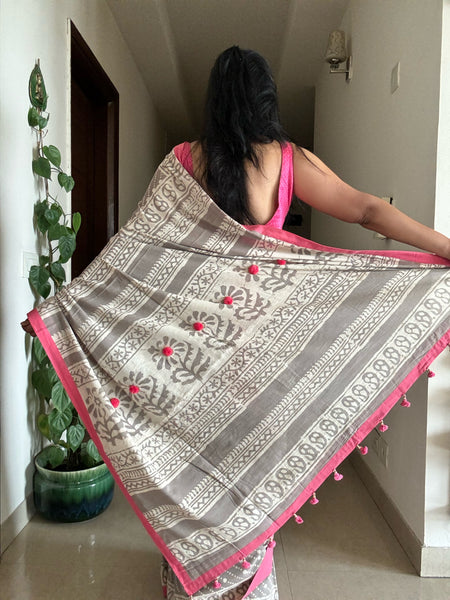 Dabu Mul cotton hand block printed saree with patchwork