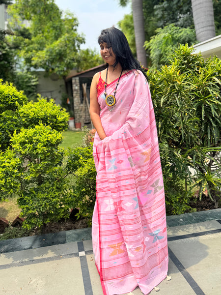 ताना-बाना- Cotton Handwoven Jamdani Saree - pink