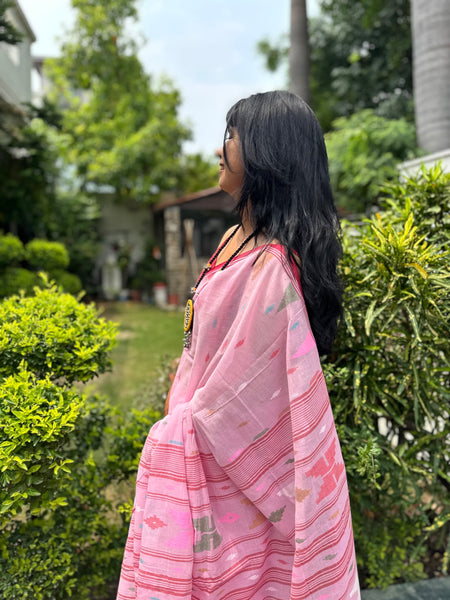 ताना-बाना- Cotton Handwoven Jamdani Saree - pink