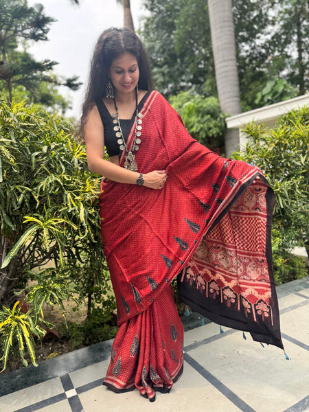 Ajrakh naturally dyed modal silk saree
