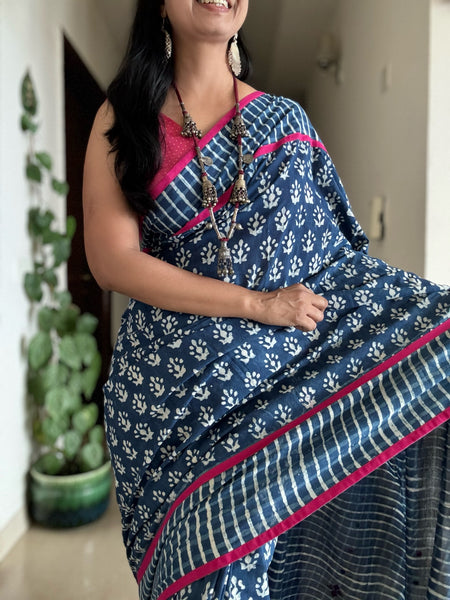 Indigo cotton hand block printed saree with Embroidery