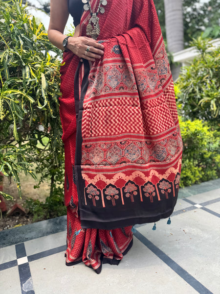 Ajrakh naturally dyed modal silk saree