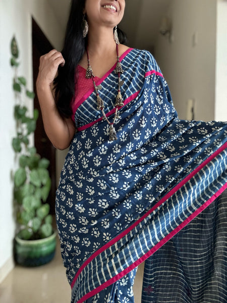 Indigo cotton hand block printed saree with Embroidery