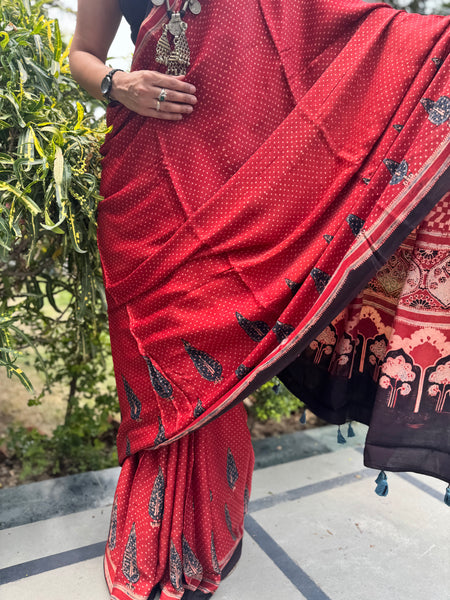 Ajrakh naturally dyed modal silk saree