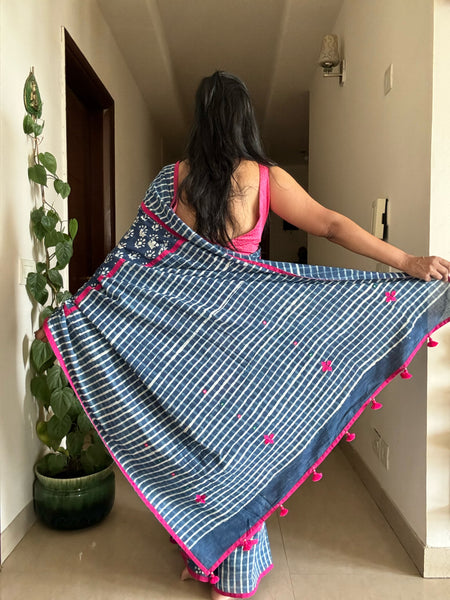 Indigo cotton hand block printed saree with Embroidery