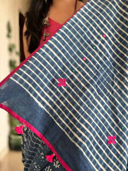 Indigo cotton hand block printed saree with Embroidery