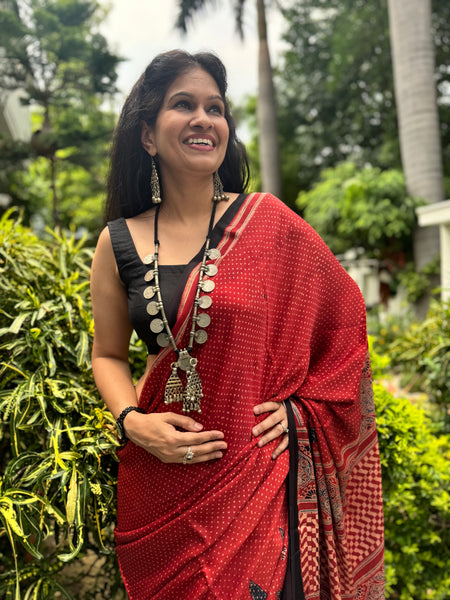 Ajrakh naturally dyed modal silk saree