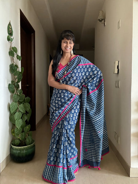 Indigo cotton hand block printed saree with Embroidery