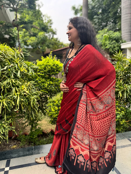 Ajrakh naturally dyed modal silk saree