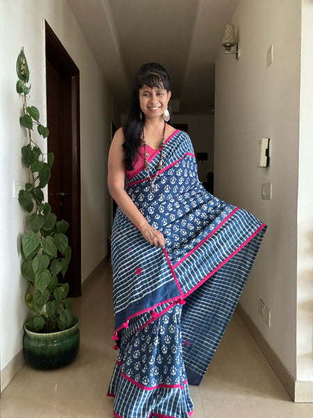 Indigo cotton hand block printed saree with Embroidery