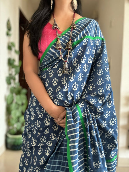 Indigo cotton hand block printed saree with Embroidery and pipin