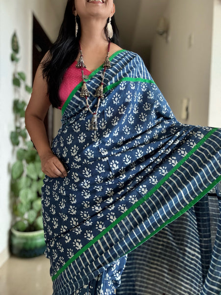 Indigo cotton hand block printed saree with Embroidery and pipin