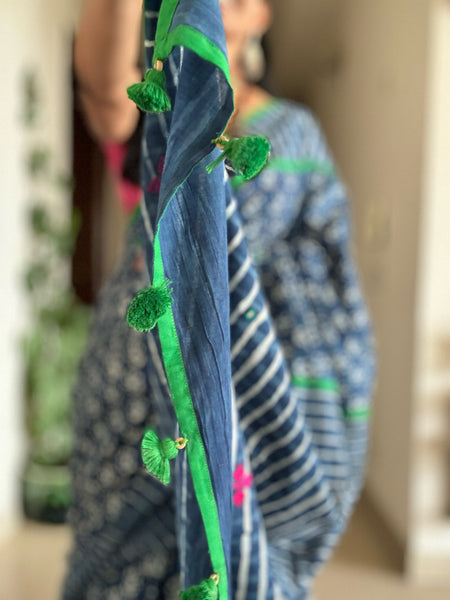 Indigo cotton hand block printed saree with Embroidery and pipin