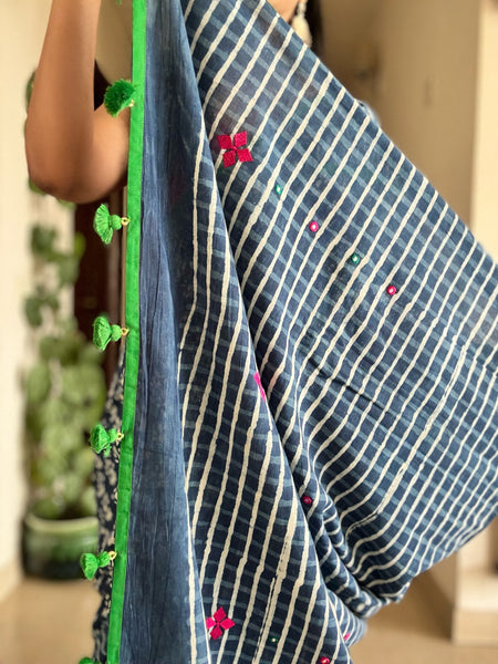 Indigo cotton hand block printed saree with Embroidery and pipin