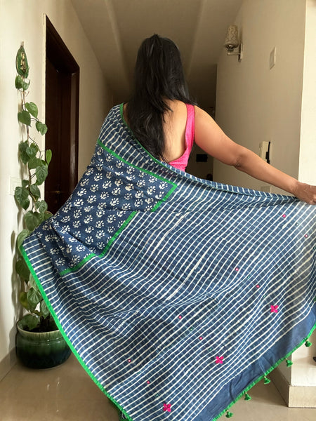 Indigo cotton hand block printed saree with Embroidery and pipin