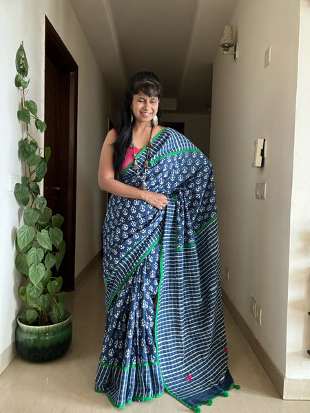Indigo cotton hand block printed saree with Embroidery and pipin