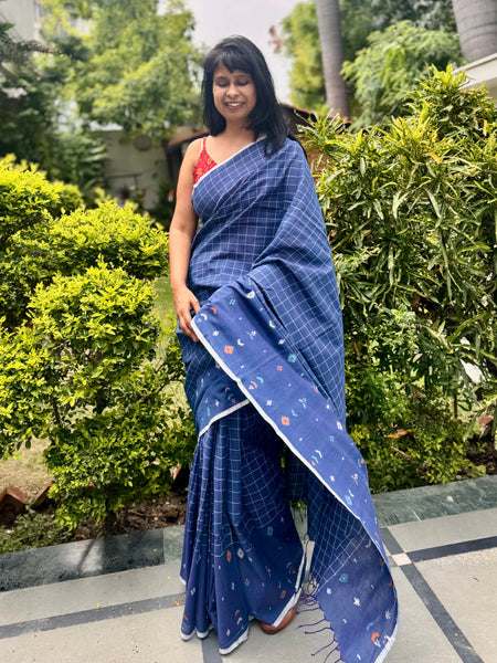 ताना-बाना- Cotton Handwoven Jamdani Saree with one side handwoven border -Blue