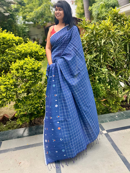 ताना-बाना- Cotton Handwoven Jamdani Saree with one side handwoven border -Blue