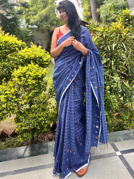 ताना-बाना- Cotton Handwoven Jamdani Saree with one side handwoven border -Blue