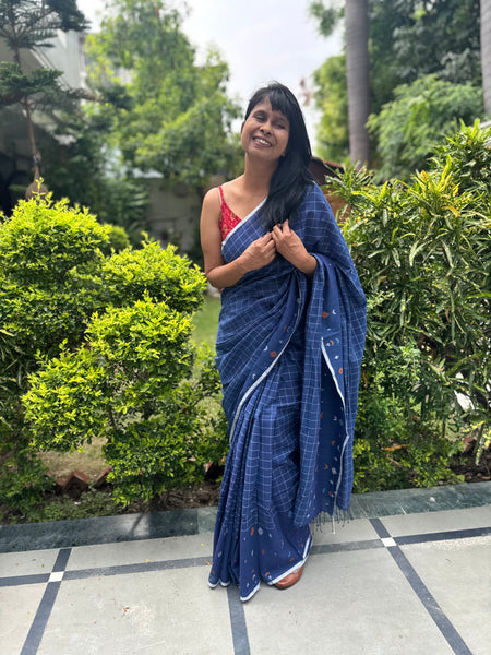 ताना-बाना- Cotton Handwoven Jamdani Saree with one side handwoven border -Blue