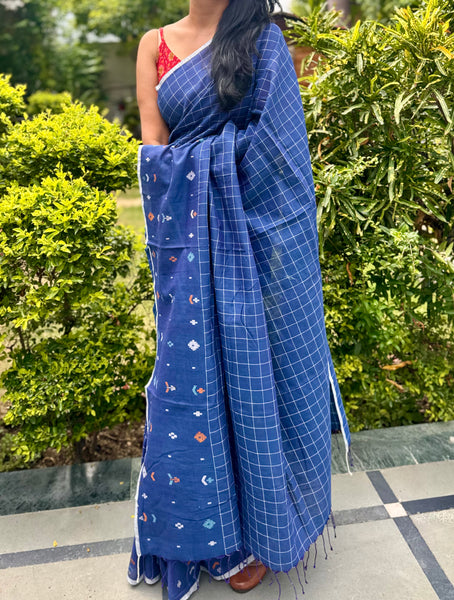 ताना-बाना- Cotton Handwoven Jamdani Saree with one side handwoven border -Blue