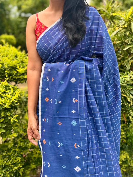 ताना-बाना- Cotton Handwoven Jamdani Saree with one side handwoven border -Blue